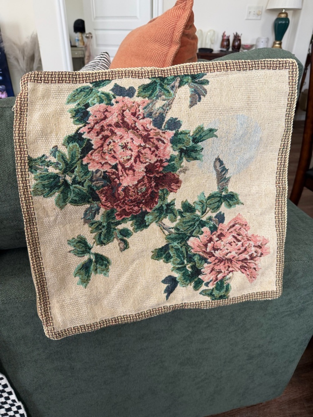 Vintage Floral Needlepoint Pillow Cover - Pink Roses on Cream